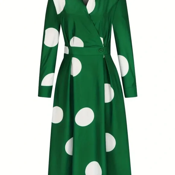 🔵”NWT” CURVY Green & White Polka Dot Faux Wrap Dress - Picture 4 of 7